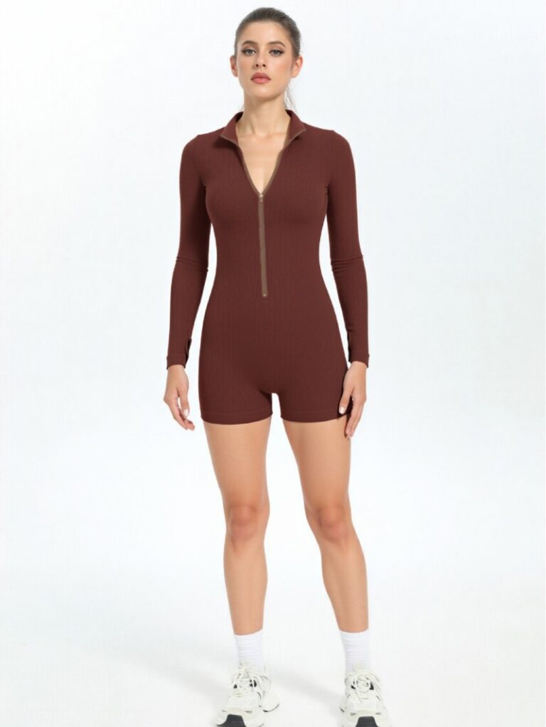 European and American autumn and winter seamless knitted ribbed stand up collar zipper long sleeved thumb cover sports yoga jumpsuit